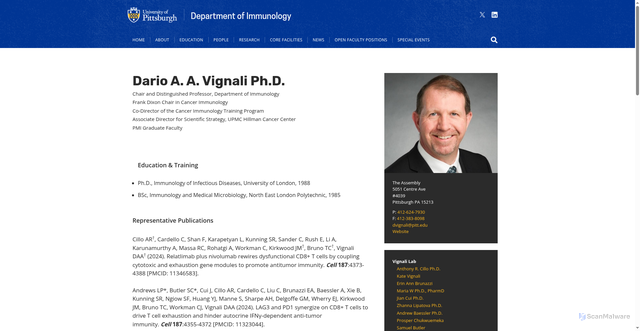 Security scan screenshot of https://www.immunology.pitt.edu/people/dario-vignali-phd