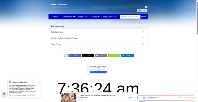 Security scan screenshot of https://time-time.net/timer/digital-clock.php