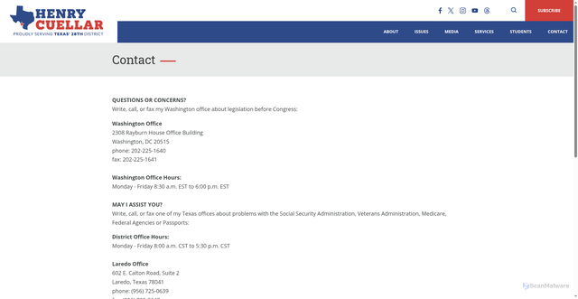 Security scan screenshot of https://cuellar.house.gov/contact/