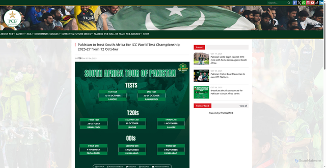 Security scan screenshot of https://www.pcb.com.pk/press-release-detail/pakistan-to-host-south-africa-for-icc-world-test-championship-2025-27-from-12-october.html