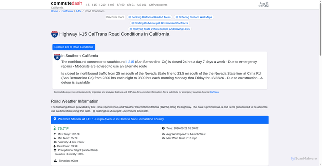 Security scan screenshot of https://commutedash.com/California/I-15/road-conditions