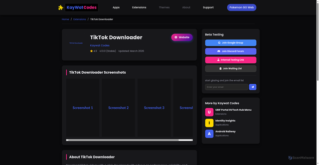 Security scan screenshot of https://kaywat-codes.pages.dev/views/tiktok-downloader.html