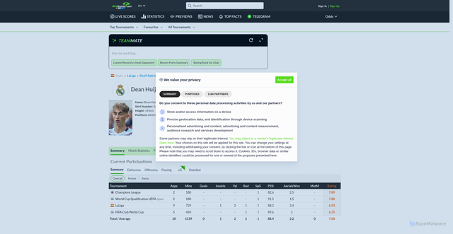 Security scan screenshot of https://1xbet.whoscored.com/players/468852/show/dean-huijsen