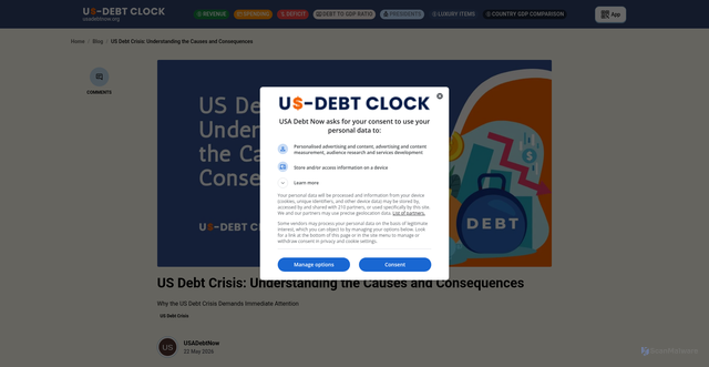 Security scan screenshot of https://usadebtnow.org/blogs/us-debt-crisis-understanding-the-causes-and-consequences