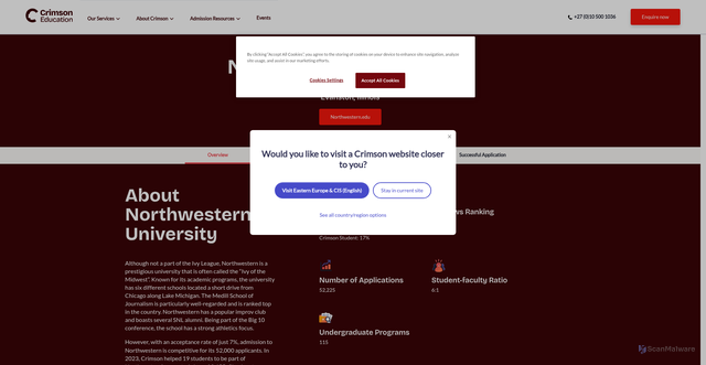 Security scan screenshot of https://www.crimsoneducation.org/za/resources/universities/northwestern-university/
