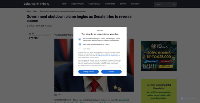 Security scan screenshot of https://www.valuethemarkets.com/news/government-shutdown-blame-begins-as-senate-tries-to-reverse-course