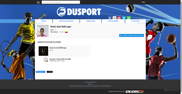 Security scan screenshot of https://www.dusport.com.co/es/player-info/40832/hector-javier-bello-lopez/