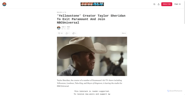 Security scan screenshot of https://www.fandompulse.com/p/yellowstone-creator-taylor-sheridan