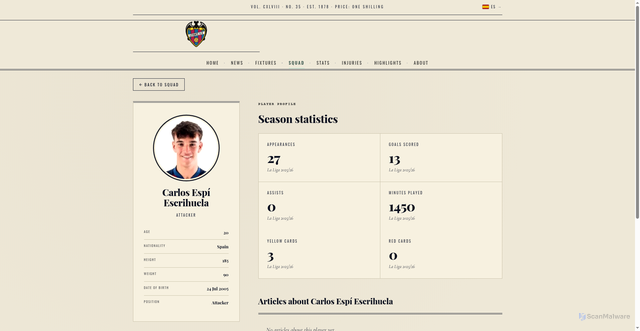 Security scan screenshot of https://levantenews.com/en/squad/carlos-espi-escrihuela