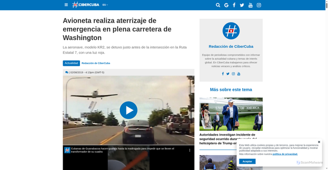 Security scan screenshot of https://www.cibercuba.com/videos/sociedad/2019-08-02-u1-e199352-s27061-avioneta-realiza-aterrizaje-emergencia-plena-carretera