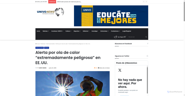 Security scan screenshot of https://univonews.com/alerta-por-ola-de-calor-extremadamente-peligrosa-en-ee-uu/