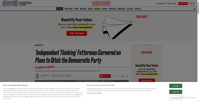 Security scan screenshot of https://www.thedailybeast.com/john-fetterman-cornered-on-any-plans-to-ditch-the-democratic-party/