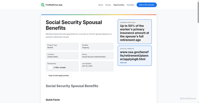 Security scan screenshot of https://findmymoney.app/opportunities/ssa-spousal-benefits/