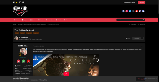 Security scan screenshot of https://forevergaming.co.uk/forum/forums/topic/9585-the-callisto-protocol/