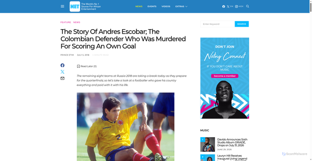 Security scan screenshot of https://thenet.ng/the-story-of-andres-escobar-the-colombian-defender-who-was-murdered-for-scoring-an-own-goal/