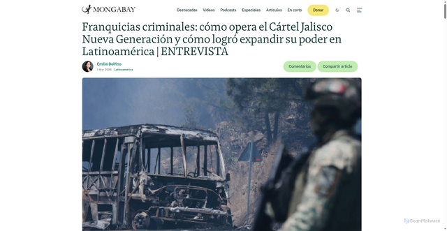 Security scan screenshot of https://es.mongabay.com/2026/03/franquicias-criminales-cartel-jalisco-nueva-generacion-expansion-mexico-latinoamerica-entrevista/