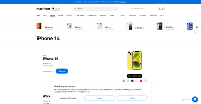 Security scan screenshot of https://www.machines.com.my/collections/iphone-14?srsltid=AfmBOorq9JkEoKFOUuMsQPUOqXYM2jqW24V_khFogE6gzxhNuyJrL5TZ