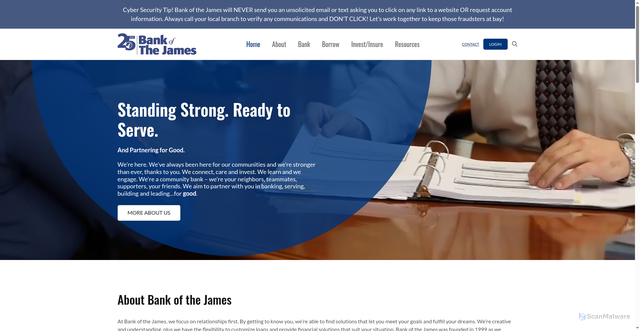 Security scan screenshot of https://www.bankofthejames.bank/