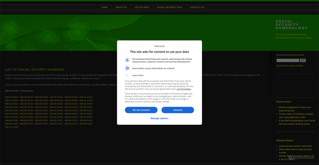 Security scan screenshot of http://socialsecuritynumerology.com/prefixes.php/045