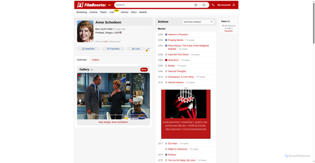 Security scan screenshot of https://www.filmbooster.es/en/creator/183248-anne-schedeen/overview/