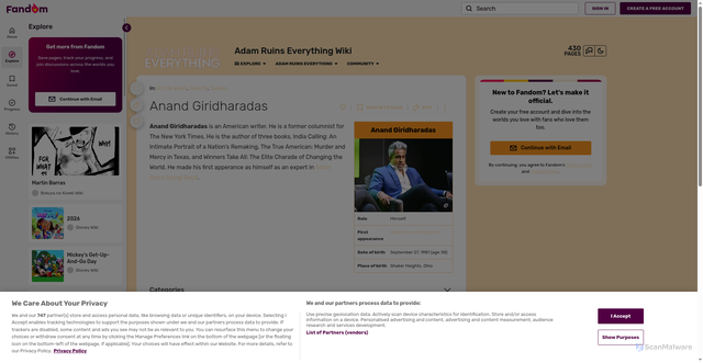 Security scan screenshot of https://adam-ruins-everything.fandom.com/wiki/Anand_Giridharadas