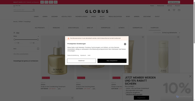 Security scan screenshot of https://www.globus.ch/beauty/sensai/haarpflege?sc_src=email_4272900&sc_lid=293631296&sc_uid=zP3R20i424&sc_llid=416419&sc_customer=0327f37c9208167d9b0b5fb90d68e28589aef0066bddedd98d9d5328a5adbcbc&utm_source=newsletter_de&utm_medium=email&utm_campaign=20260918_prom_beautydays_reminder_DE_4272900&guid=0327f37c9208167d9b0b5fb90d68e28589aef0066bddedd98d9d5328a5adbcbc&utm_content=