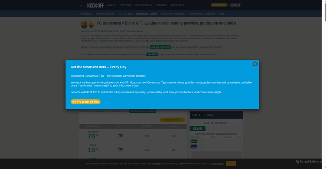 Security scan screenshot of https://www.kickoff.co.uk/spanish-la-liga-predictions-stats-odds/barcelona-vs-elche/