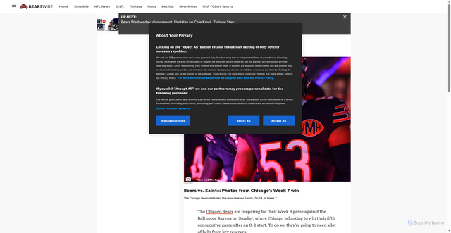 Security scan screenshot of https://bearswire.usatoday.com/story/sports/nfl/bears/2025/10/24/bears-ravens-week-8-injury-report-final-tyrique-stevenson/86880277007/