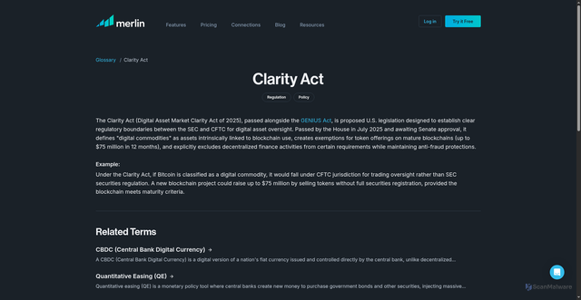 Security scan screenshot of https://www.merlincrypto.com/glossary/clarity-act/
