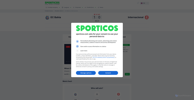 Security scan screenshot of https://sporticos.com/en-gb/match/ec-bahia-vs-internacional