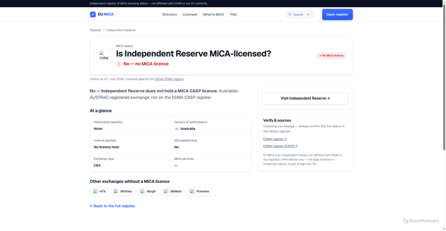 Security scan screenshot of https://eumica.com/exchange/independent-reserve