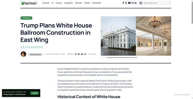 Security scan screenshot of https://technori.com/news/trump-plans-white-house-ballroom-construction-in-east-wing/