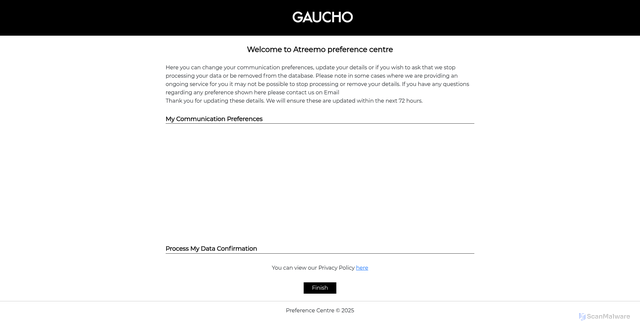 Security scan screenshot of https://gaucho.comms-pref.com/Preferences/MyPreferences?P1=5764928&P2=362f4a8b4243bac85ce26d9043f6a7ac&P3=20875&utm_campaign=3380-CHRISTMAS%20PDRs&utm_source=&utm_medium=email&utm_content=&utm_term=