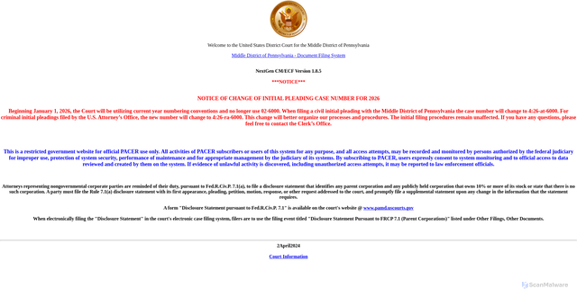 Security scan screenshot of https://ecf.pamd.uscourts.gov