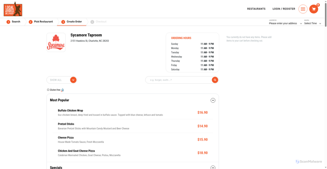 Security scan screenshot of https://www.localdudesdelivery.com/order/restaurant/sycamore-taproom-menu/123762
