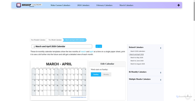 Security scan screenshot of https://www.customcalendarmaker.com/march-and-april-2026-calendar