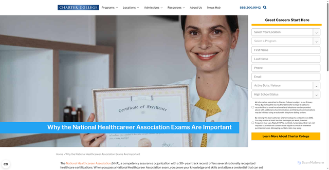 Security scan screenshot of https://chartercollege.edu/news-hub/why-the-national-healthcareer-association-exams-are-important/