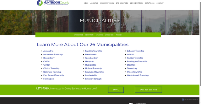 Security scan screenshot of https://hunterdoncountyedc.com/why-hunterdon/municipalities/