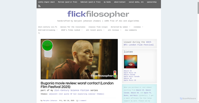 Security scan screenshot of https://www.flickfilosopher.com/2025/10/bugonia-movie-review-worst-contact-london-film-festival-2025.html