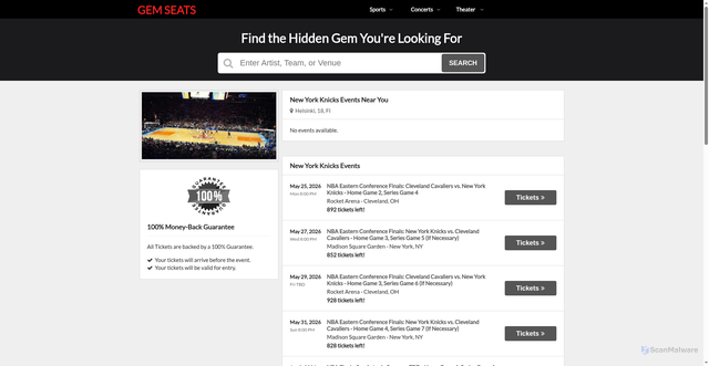 Security scan screenshot of https://www.gemseats.com/performers/new-york-knicks