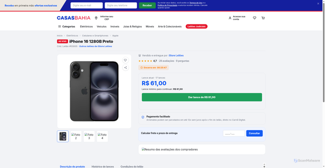 Security scan screenshot of https://leilaoaovivocompleto.vercel.app/product-iphone-16.html?utm_source=organic&utm_campaign=&utm_medium=&utm_content=&utm_term=