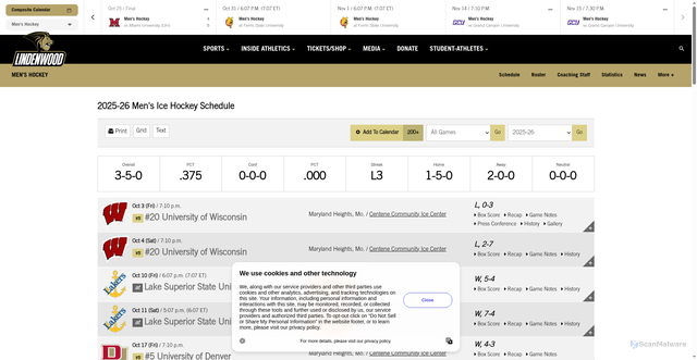 Security scan screenshot of https://lindenwoodlions.com/sports/mhockey-ncaa/schedule/2025-26