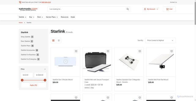 Security scan screenshot of https://www.satmodo.com/starlink?srsltid=AfmBOopB-V9e5esRSWxUb_VWdycWuA4r27hm9e40iyIZfEgoMVBe33eR