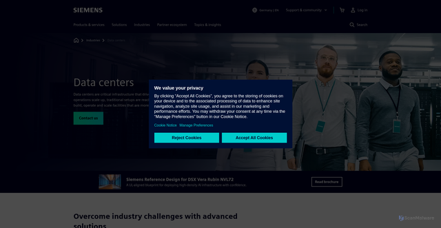 Security scan screenshot of https://www.siemens.com/en-us/industries/data-centers/
