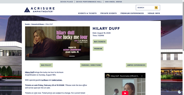 Security scan screenshot of https://www.acrisureamphitheater.com/events/2026/hilary-duff