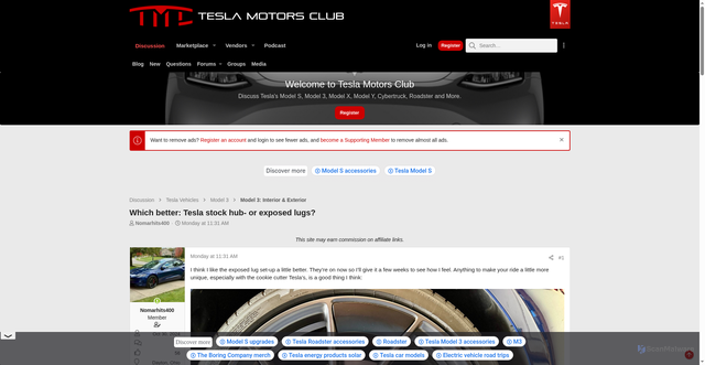 Security scan screenshot of https://teslamotorsclub.com/tmc/threads/which-better-tesla-stock-hub-or-exposed-lugs.350968/
