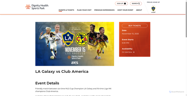 Security scan screenshot of https://www.dignityhealthsportspark.com/events/detail/la-galaxy-vs-club-america