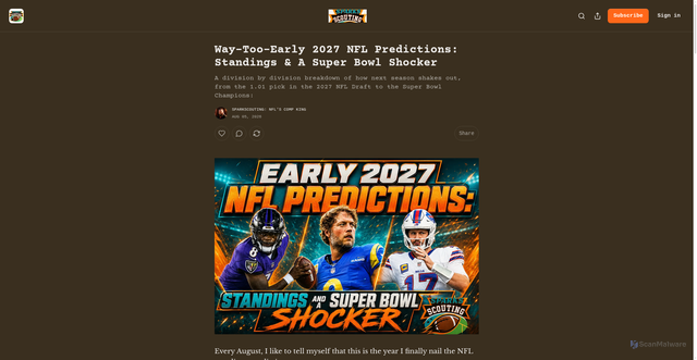 Security scan screenshot of https://sparkscouting.substack.com/p/way-too-early-2027-nfl-predictions