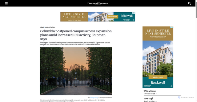 Security scan screenshot of https://www.columbiaspectator.com/news/2025/10/07/columbia-postponed-campus-access-expansion-plans-amid-increased-ice-activity-shipman-says/
