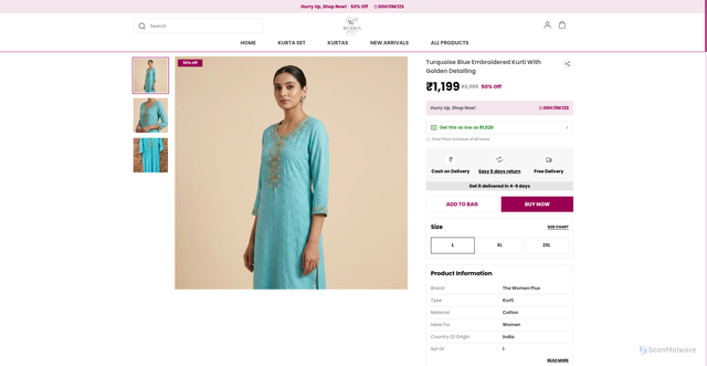 Security scan screenshot of https://thewomenplus.com/Turquoise-Blue-Embroidered-Kurti-With-Golden-Detailing/catalogue/8eMFMoDJ/-Ro8JuII